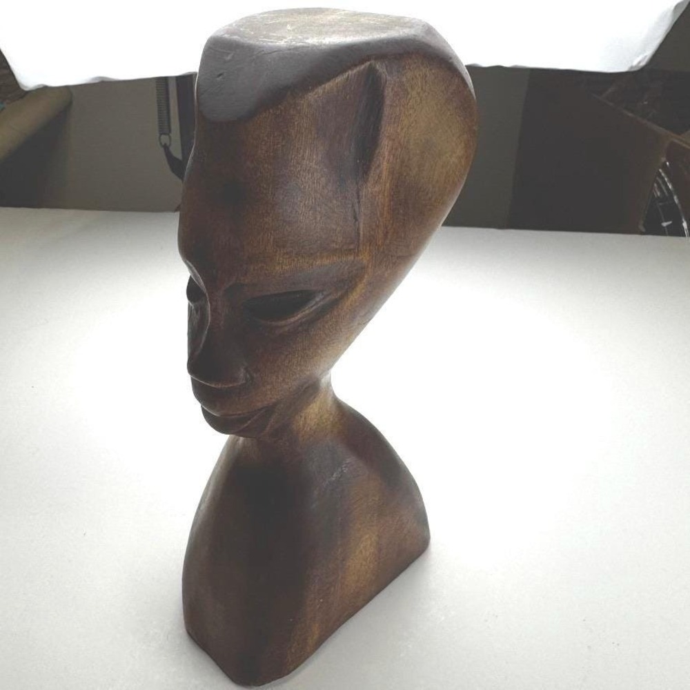 Vintage Hand Carved Wooden Bust Elongated Head Tribal Style Sculpture 8.5 Inch - Picture 2 of 6